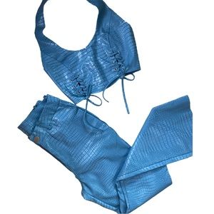 PRINCESS POLLY Y2K POP ROCK FAUX LEATHER SET CROP TOP FLARE PANTS FITTED XS BLUE